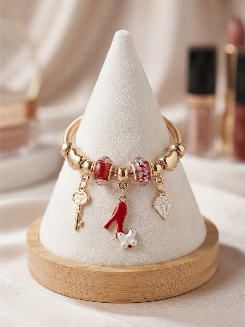 Red Heel Key Charm Bracelet | Snake Chain High Heel Key Fashion Charms
